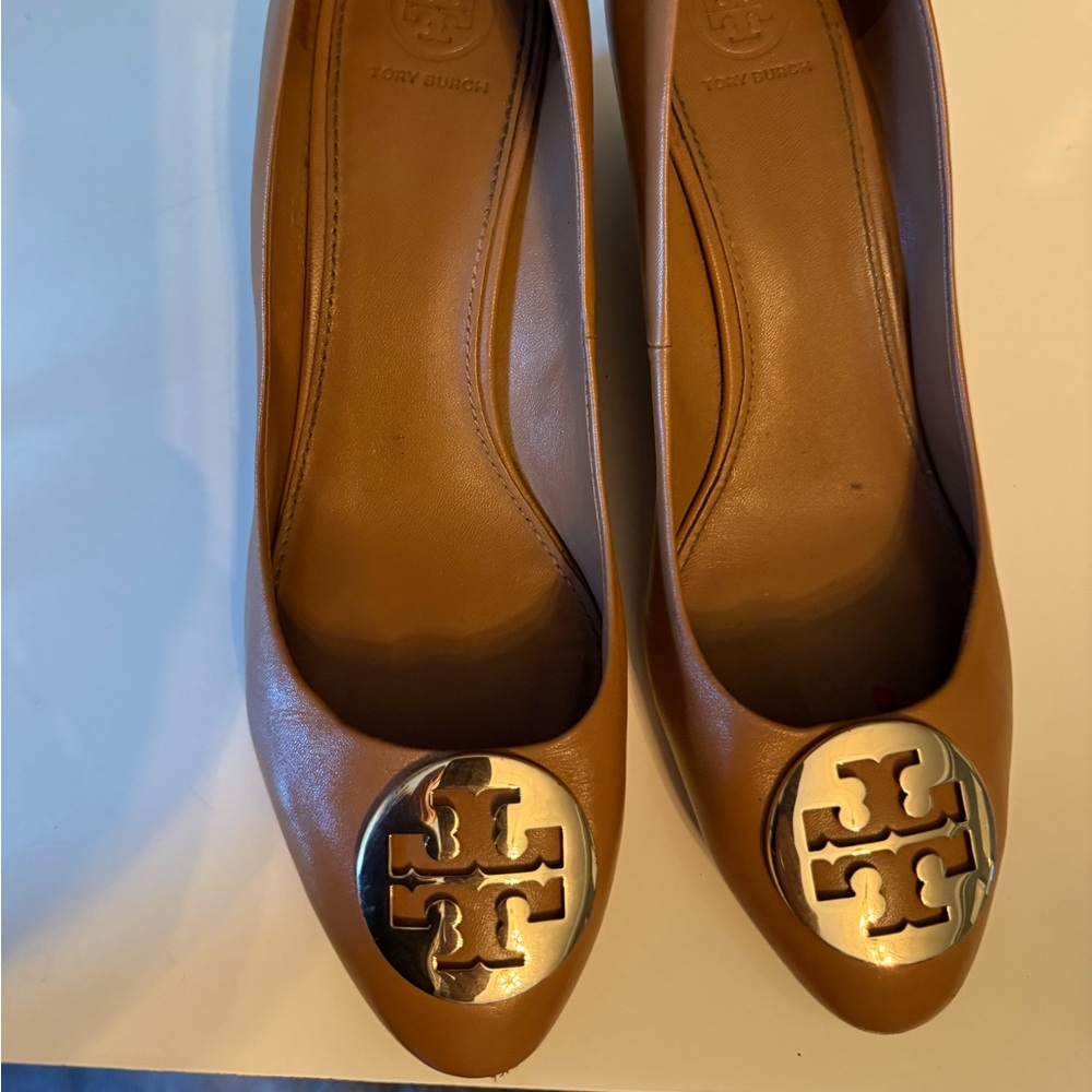 Tory Burch Tan Leather Flats with Gold Medallion